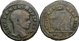 Divus Romulus (died 309 AD.). AE Follis, 309-312, Ostia mint. D/ DIVO ROMVLO N V BIS CONS. Bare head right. R/ AETERNAE MEMORIAE. Domed shrine with ri...