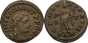 Licinius I (308-324). AE Follis, Londinium mint, 311-312 AD. D/ IMP LICINIVS PF AVG. Laureate and cuirassed bust right. R/ GENIO POP ROM. Genius stand...