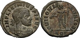 Licinius I (308-324). AE Follis, Aquileia mint. D/ IMP LICINIVS PF AVG. Laureate, draped and cuirassed bust right. R/ IOVI CONSERVATORI. Jupiter stand...