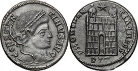 Constantine I (307-337). AE Follis, 324-325. Treveri mint. D/ CONSTANTINVS AVG. Laureate head right. R/ PROVIDENTIA CAESS. Camp gate with two turrets,...