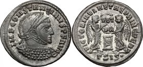 Constantine I (307-337). AE Follis, 318 AD, Siscia mint. D/ IMP CONSTANTINVS PF AVG. Helmeted, laureate and cuirassed bust right. R/ VICTORIAE LAETAE ...