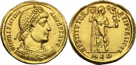 Valentinian I (364-375). AV Solidus, Mediolanum mint, 364-5 AD. D/ DN VALENTINI-ANVS PF AVG. Pearl-diademed, draped and cuirassed bust right. R/ RESTI...