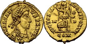 Arcadius (383-408). AV Tremissis, Mediolanum mint, 403-408 AD. D/ DN ARCADI-VS PF AVG. Pearl-diademed, draped and cuirassed bust right. R/ VICTORIA AV...
