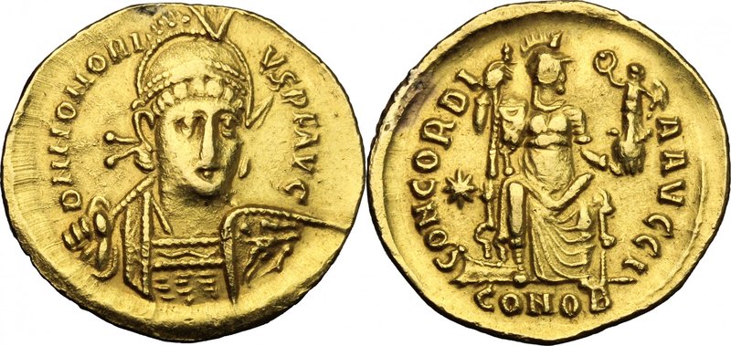 Honorius (393-423). AV Solidus, Constantinople mint, 408-420 AD. D/ DN HONORI-VS...