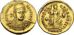 Honorius (393-423). AV Solidus, Constantinople mint, 408-420 AD. D/ DN HONORI-VS PF AVG. Pearl-diademed helmeted and cuirassed bust facing slightly ri...