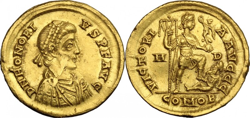 Honorius (393-423). AV Solidus, Mediolanum mint, 402-423 AD. D/ DN HONORIVS PF A...