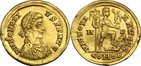 Honorius (393-423). AV Solidus, Mediolanum mint, 402-423 AD. D/ DN HONORIVS PF AVG. Pearl-diademed, draped and cuirassed bust right. R/ VICTORIA AVGGG...