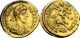 Honorius (393-423). AV Tremissis, Mediolanum mint. D/ DN HONORI-VS PF AVG. Pearl-diademed, draped and cuirassed bust right. R/ VICTORIA AVGVSTORVM. Vi...