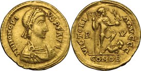 Honorius (393-423). AV Solidus, Ravenna mint, 402-406 AD. D/ DN HONORI-VS PF AVG. Pearl-diademed, draped and cuirassed bust right. R/ VICTORI- A AVGGG...
