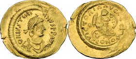Justinian I (527-565). AV Semissis, Constantinople mint. D/ DN IVSTINI-ANVS PP AVI. Diademed, draped and cuirassed bust right. R/ VICTORIA AVGGG. Vict...