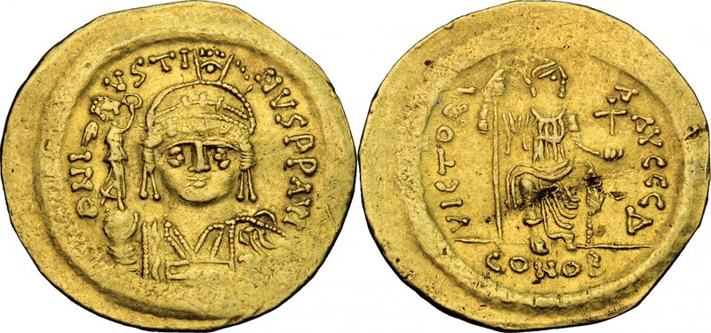 Justin II (565-578). AV Solidus, Constantinople mint. D/ DN I-VSTI-NVS PP AVI. H...