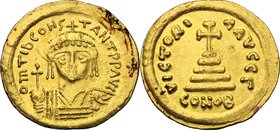 Tiberius II Constantine (578-582). AV Solidus, Constantinople mint. D/ dm TIB CONSTANT PP AVI. Crowned and cuirassed bust facing, holding globus cruci...
