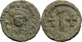 Tiberius II Constantine (578-582). AE Decanummium, Sicilian mint. D/ dN TIb CONSTANT [ ]. Crowned and cuirassed bust facing, holding globus cruciger. ...