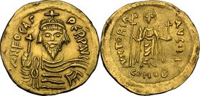 Phocas (602-610). AV Solidus, Constantinople mint. D/ dN FOCAS PЄRP AVG. Draped and cuirassed bust facing, wearing crown and globus cruciger. R/ VICTO...