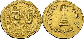 Heraclius (610-641). AV Solidus, Constantinople mint. D/ Crowned and draped facing busts of Heraclius and Heraclius Constantine; cross above. R/ VICTO...