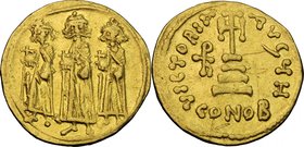 Heraclius (610-641). AV Solidus, Constantinople mint. D/ Heraclius flanked by his sons Heraclius Constantine and Heraclonas; each standing facing, cro...