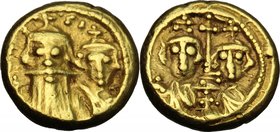 Constans II (641-668). AV Solidus, Carthage mint. D/ Crowned and draped facing busts of Constans, holding globus cruciger, and Constantine IV. R/ Long...