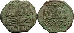 Leo IV, the Khazar (775-780). AE Follis, Syracuse mint. D/ Leo IV and Constantine VI seated facing on double throne, each wearing crown and chlamys; b...