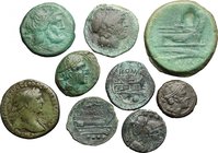 Roman Republic and Roman Empire. Multiple lot of nine (9) unclassified AE coins, 8 Roman Repubblican and a Trajan AE As. About VF:VF+.