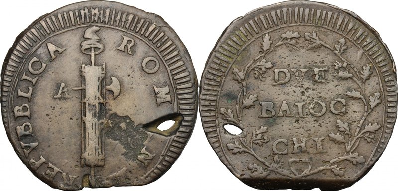 Ancona. Repubblica Romana (1798-1799). Due baiocchi. Bruni 4. CNI 1. Dubbini-Man...