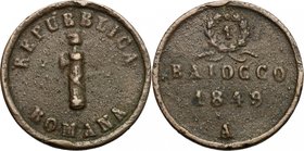 Ancona. Repubblica Romana (1849). Baiocco 1849. CNI 1. Dubbini-Mancinelli pag. 210. Pag. 8. AE. g. 12.76 mm. 29.00 BB.