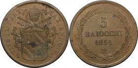 Bologna. Pio IX (1846-1878). 5 baiocchi 1851 A. V. Pag. 297. Mont. 251. AE. g. 37.51 mm. 41.00 BB+.