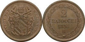 Bologna. Pio IX (1846-1878). 2 baiocchi 1851 A. V. Pag. 310. Mont. 282. AE. g. 20.60 mm. 34.00 qSPL/SPL.