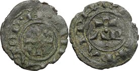 Brindisi. Enrico VI (1191-1196) con la moglie Costanza d'Altavilla. Mezzo denaro. Sp. 31. MIR 257. MI. g. 0.25 mm. 13.00 RR. BB.