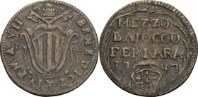 Ferrara. Benedetto XIV (1740-1758). Mezzo baiocco 1747 A. VII. CNI 80. M. 296. Berm. 2825. AE. g. 4.84 mm. 26.20 qBB.