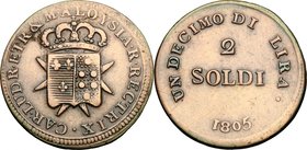 Firenze. Carlo Ludovico di Borbone e Maria Luigia reggente (1803-1807). 2 soldi 1805. CNI 17. Gal. IX, 3. MIR 429/2. CU. g. 4.29 mm. 24.00 RR. BB.