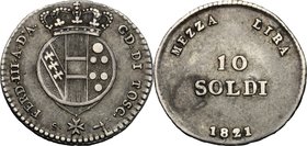 Firenze. Ferdinando III di Lorena (1790-1824). Mezza lira da 10 soldi 1821. Sigle S (Carlo Siries, incisore) e martello (Giovanni Fabbroni, zecchiere)...