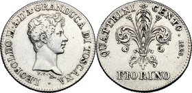 Firenze. Leopoldo II di Lorena (1824-1859). Fiorino 1828. Sigle P. C. (Pietro Cinganelli, incisore) e monti araldici (Cosimo Ridolfi, zecchiere). CNI ...