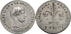 Firenze. Leopoldo II di Lorena (1824-1859). Fiorino 1858. Sigle G. N. (Giuseppe Niderost, incisore). CNI 117. Gal. XI, 8/9. MIR 453/7. AG. g. 6.90 mm....