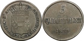 Firenze. Leopoldo II di Lorena (1824-1859). Da 5 quattrini 1829. Sigla N (Giuseppe Niderost, incisore) e monti araldici (Cosimo Ridolfi, zecchiere). C...
