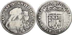 Vittorio Amedeo II, reggenza della madre (1675-1680). Mezza lira 1680. Biaggi 710c. MIR 839f. (R6). AG. g. 2.84 mm. 21.50 RRRR. MB/qBB.