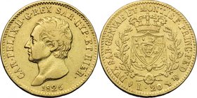 Carlo Felice (1821-1831). 20 lire 1826 Torino. Pag. 52. Mont. 37. AU. mm. 21.00 BB.