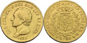 Carlo Felice (1821-1831). 20 lire 1826 Torino. Pag. 52. Mont. 37. AU. mm. 21.00 qBB/BB.