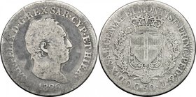 Carlo Felice (1821-1831). 50 centesimi 1826, Genova. Pag.112. Mont. 112. AG. g. 2.32 mm. 18.00 RR. MB.
