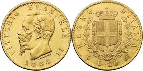 Vittorio Emanuele II, Re d'Italia (1861-1878). 20 lire 1864 Torino. Pag. 458. Mont. 134. AU. mm. 21.00 Colpetto ad ore 3. BB.