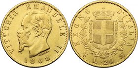 Vittorio Emanuele II, Re d'Italia (1861-1878). 20 lire 1868 Torino. Pag. 462. Mont. 138. AU. mm. 21.00 qBB/BB.