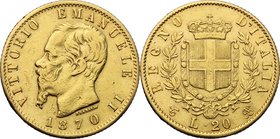 Vittorio Emanuele II, Re d'Italia (1861-1878). 20 lire 1870 Torino. Pag. 465. Mont. 140. AU. mm. 21.00 qBB/BB.