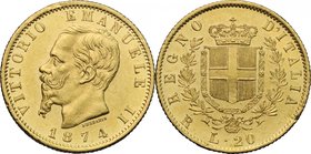Vittorio Emanuele II, Re d'Italia (1861-1878). 20 lire 1874 Roma. Pag. 471. Mont. 147. AU. mm. 21.00 R. Fondi lucenti. qSPL/SPL.