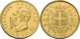 Vittorio Emanuele II, Re d'Italia (1861-1878). 20 lire 1875 Roma. Pag. 472. Mont. 148. AU. mm. 21.00 Minimi colpetti al ciglio. Bel BB.
