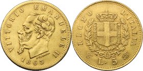 Vittorio Emanuele II, Re d'Italia (1861-1878). 5 lire 1863 Torino. Pag. 479. Mont. 159. AU. mm. 17.00 R. qBB/BB.