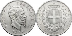 Vittorio Emanuele II, Re d'Italia (1861-1878). 5 lire 1870 Milano. Pag. 490. Mont. 172. AG. mm. 37.00 BB+.