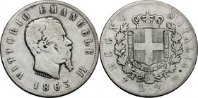 Vittorio Emanuele II, Re d'Italia (1861-1878). 2 lire 1863 Torino. Pag. 507. Mont. 195. AG. mm. 27.00 NC. MB.