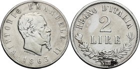 Vittorio Emanuele II, Re d'Italia (1861-1878). 2 lire 1863 Napoli. Pag. 508. Mont. 198. AG. mm. 27.00 NC. qBB/BB.