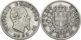 Vittorio Emanuele II, Re d'Italia (1861-1878). Lira 1867 Torino. Pag. 519. Mont. 205. AG. g. 4.85 mm. 23.00 RR. MB+.