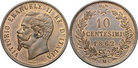 Vittorio Emanuele II, Re d'Italia (1861-1878). 10 centesimi 1862 Milano. Pag. 538. Mont. 229. CU. mm. 30.00 NC. qFDC.
