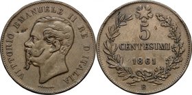 Vittorio Emanuele II, Re d'Italia (1861-1878). 5 centesimi 1861 Bologna. Pag. 551. Mont. 247. CU. mm. 25.00 RR. Colpetto al D/, altrimenti BB.